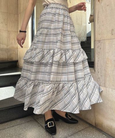 Check tiered long skirt/an another angelus [53BG03q009]