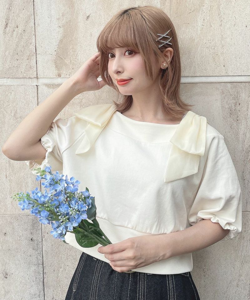 通販先行販売】ショルダーシアーリボンオフショルトップス/F&A
