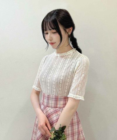 ストライプレース５分袖トップス/F&A [53CI01h002]