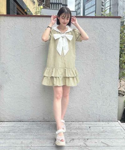 [Pre-order] Low-waist sailor check shirt dress / F i.n.t [54AE02g016] [Expected to arrive in mid-June]