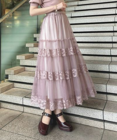 [Pre-order] Lace-trimmed tulle tiered skirt/an another angelus [54BG03q013][Expected to arrive in mid-June]