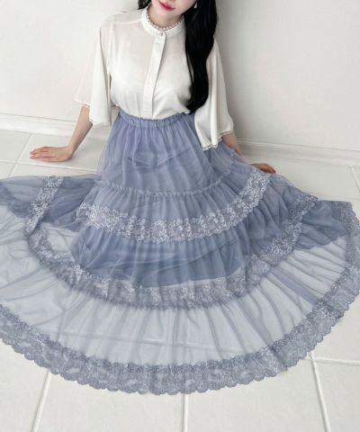 Lace-trimmed tulle tiered skirt / an another angelus [54BG03q013]