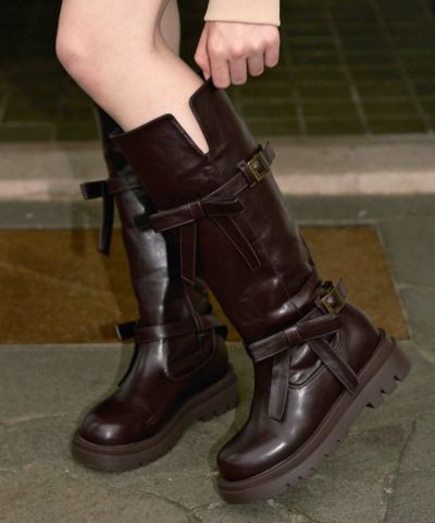 [Pre-order] Double Ribbon Belt Long Boots / F i.n.t [55AA06d002] [Expected arrival mid-September]