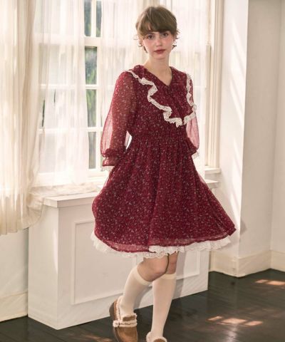 [Pre-order] Lace Floral Ruffle Dress / F i.n.t [55AE01j005] [Estimated arrival mid-September]