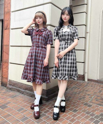 ■ [Pre-order] Double-color check dress with tie / F i.n.t [55AE02h001] [Expected to arrive in late August] [Fall 2025]