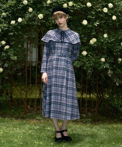 【ご予約】プチフラワーチェック柄ケープ付きワンピース/F i.n.t [55AE02j004][9月下旬入荷予定]