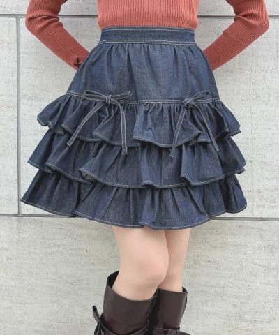 ■【ご予約】ダブルリボンフリルデニムミニスカート/F i.n.t [55AG06k002][9月中旬入荷予定]【2025秋】