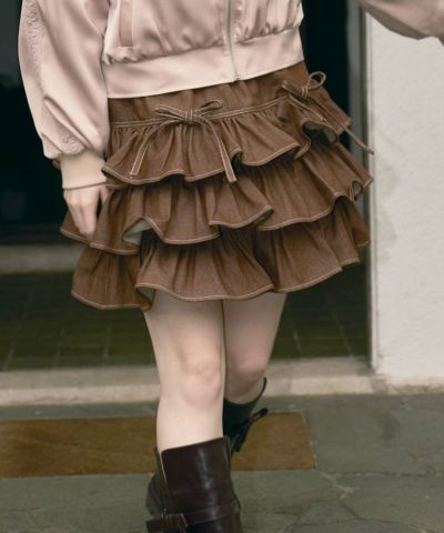 Double Ribbon Frill Denim Mini Skirt / F i.n.t [55AG06k002]