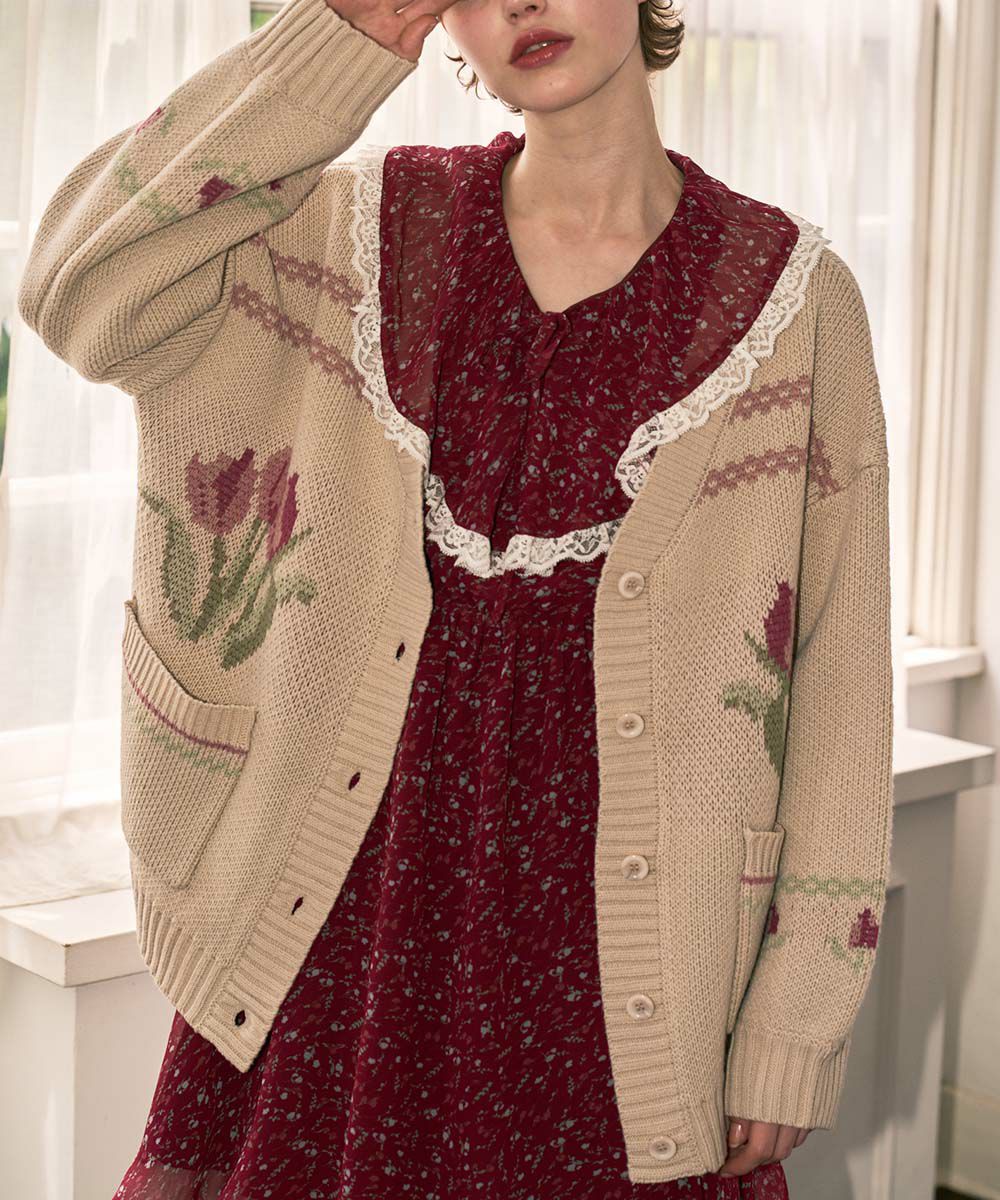 チューリップポット柄ニットカーディガン/F i.n.t [55AJ04j002] | F