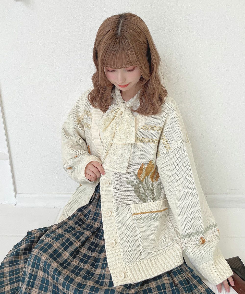 チューリップポット柄ニットカーディガン/F i.n.t [55AJ04j002] | F