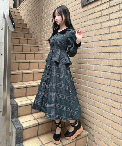 ■【Pre-order】Velvet lapel peplum check dress/an another angelus [55BE02j002][Expected to arrive in mid-September]【Autumn 2025】