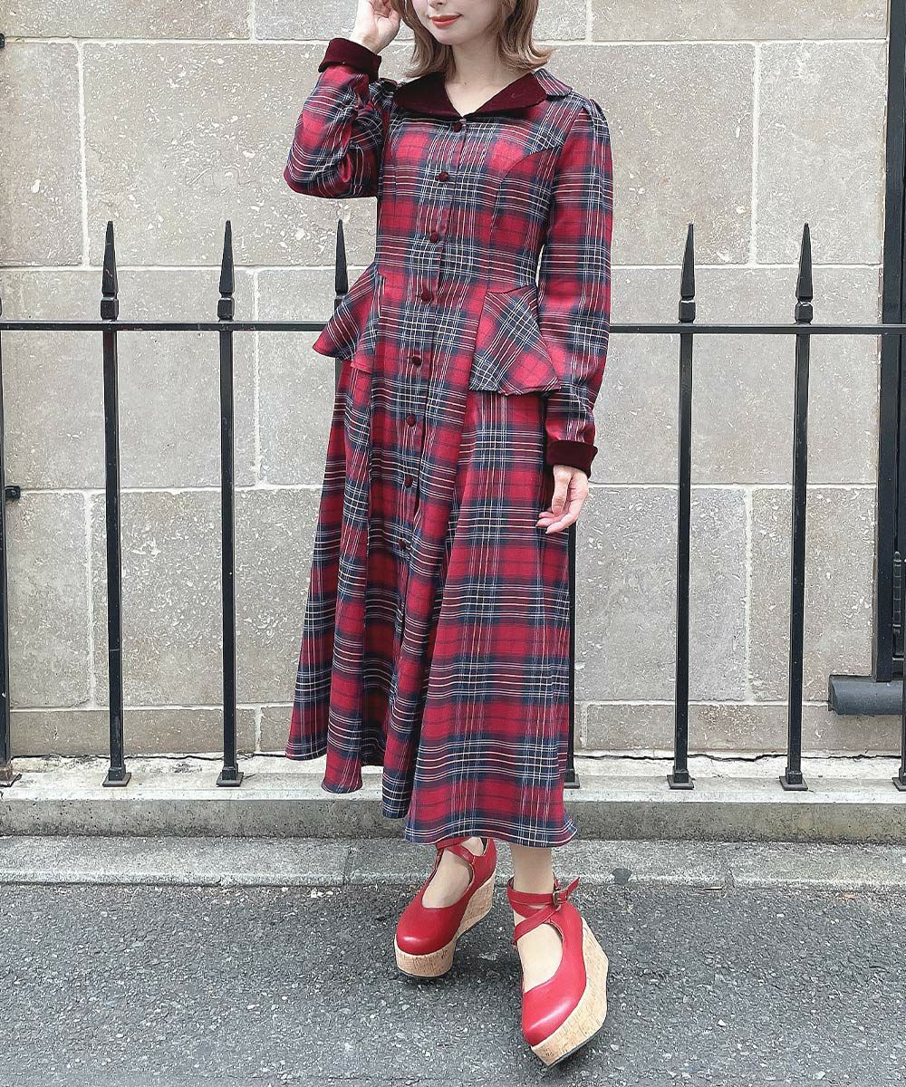 別珍ラペルペプラムチェックワンピース/an another angelus