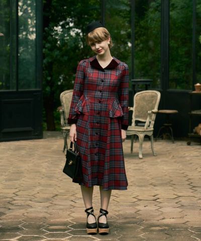 [Pre-order] Velvet Lapel Peplum Check Dress / an another angelus [55BE02j002] [Expected arrival: late September]
