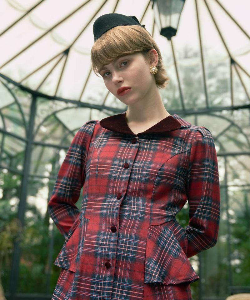 別珍ラペルペプラムチェックワンピース/an another angelus