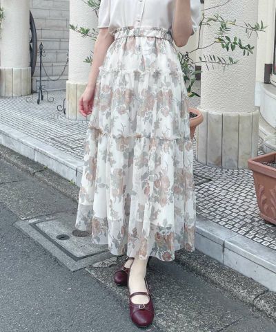■【Pre-order】Rose Print Tulle Tiered Skirt/an another angelus [55BG02q002][Expected to arrive in late August]【2025 Autumn】