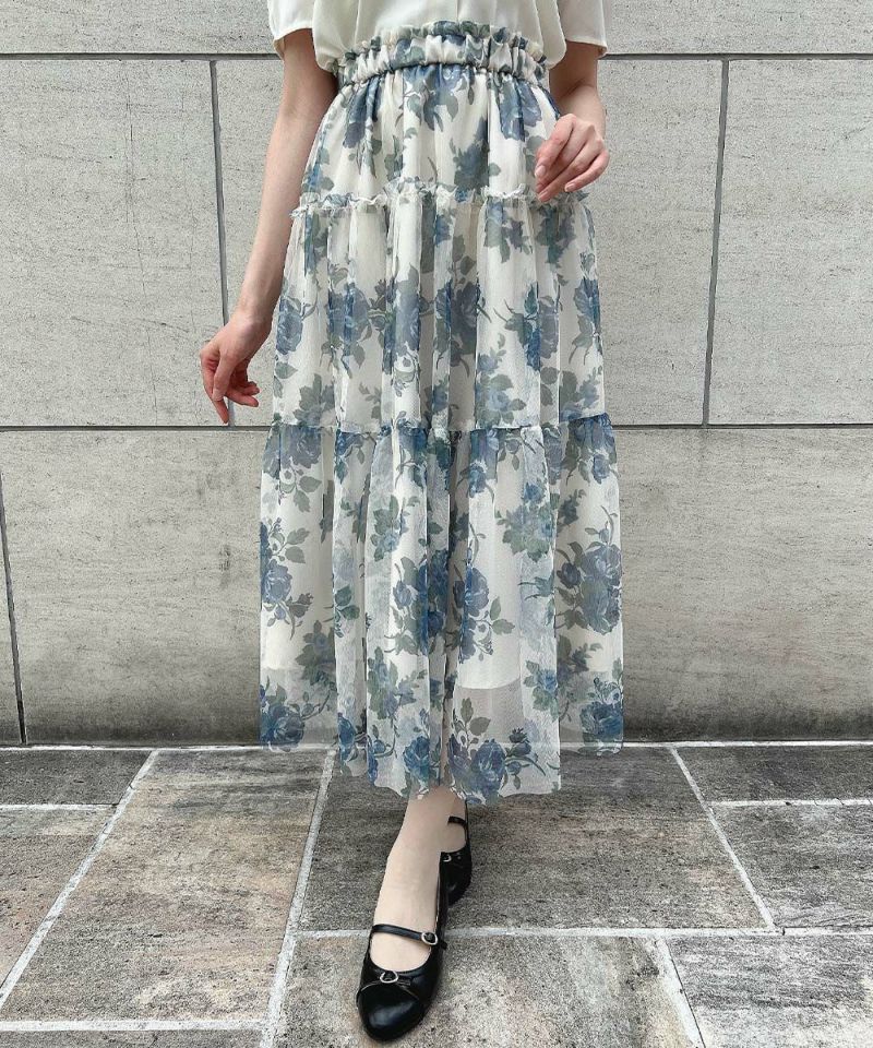 ローズプリントチュールティアードスカート/an another angelus