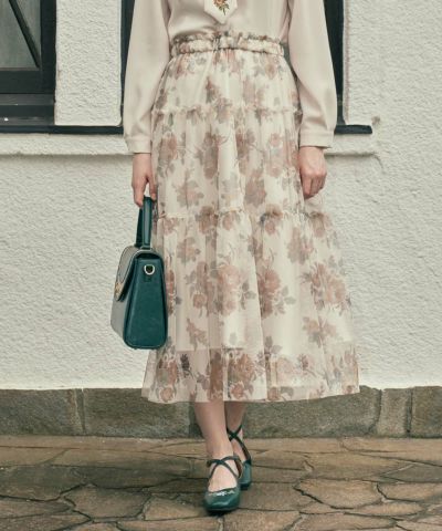 Rose Print Tulle Tiered Skirt / an another angelus [55BG02q002]