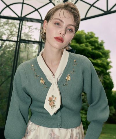 Rose Embroidered Rib Knit Cardigan / an another angelus [55BJ04j001]