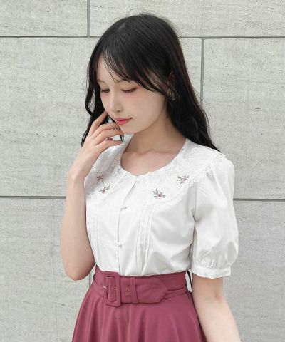 Rose embroidered tulle lace collar blouse/F i.n.t [54AF02g021]