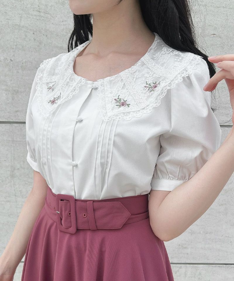 【新品未使用】Rijoui＊フリル衿のレースブラウス Lace Ladies ブラウス シャツ 袖レースデザイン立ち襟フリル