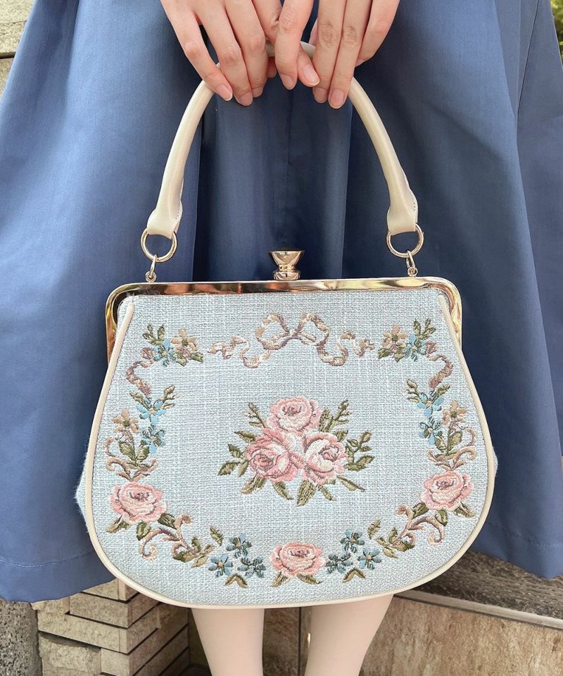 リボンローズ刺繍がま口バッグ/an another angelus [54BC05a006