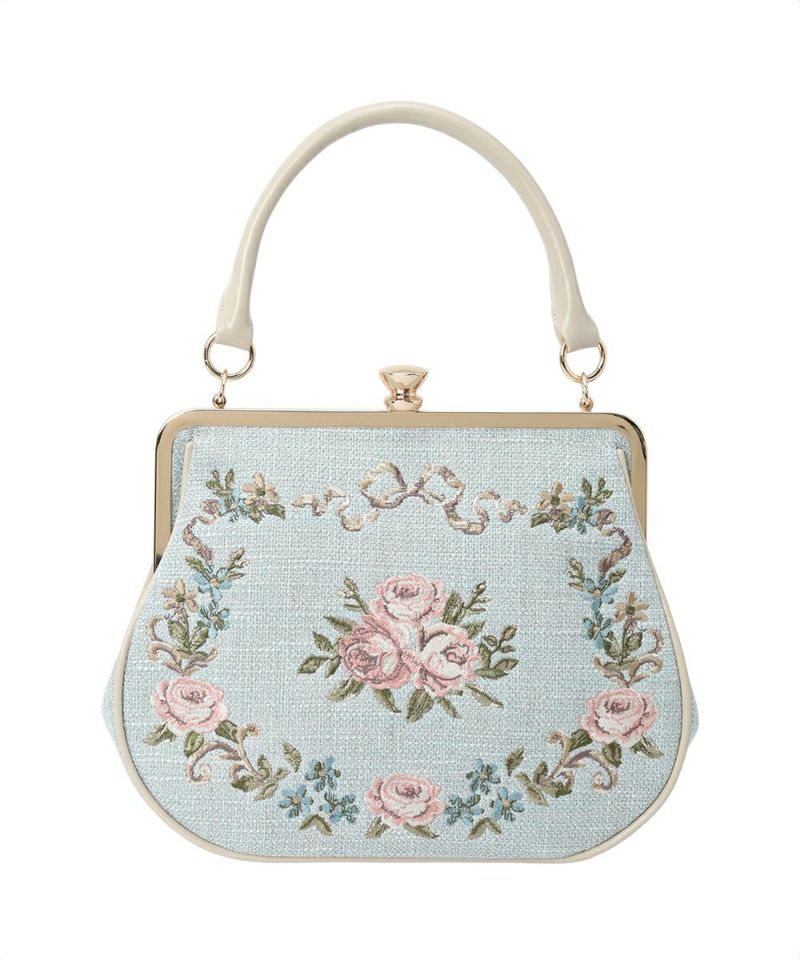 がま口付♪ 可愛いピンクの花柄グラニーバッグ つまみ細工風ブローチがワンポイント つまみ細工柄 | STORES