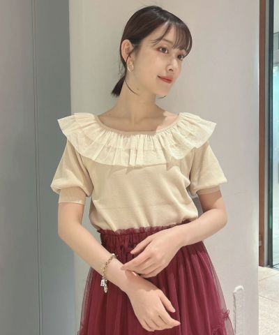 □チュールフリル5分袖ニットプルオーバー/F&A [54CJ03h002]