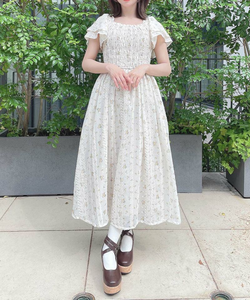 小花柄 ワンピース 切替 プリーツ シャーリング 肩フリル 2色 ♪ 小花柄 ワンピース 切替 プリーツ シャーリング 肩フリル 2色 ♪