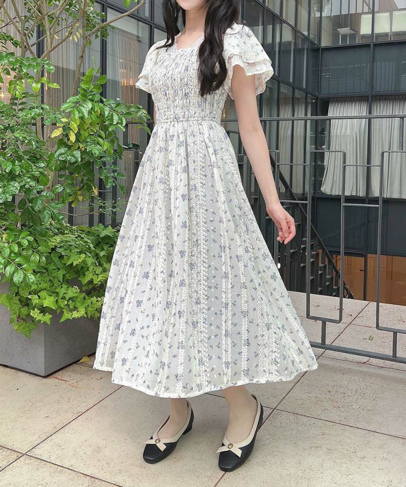 小花柄 ワンピース 切替 プリーツ シャーリング 肩フリル 2色 ♪ 小花柄 ワンピース 切替 プリーツ シャーリング 肩フリル 2色