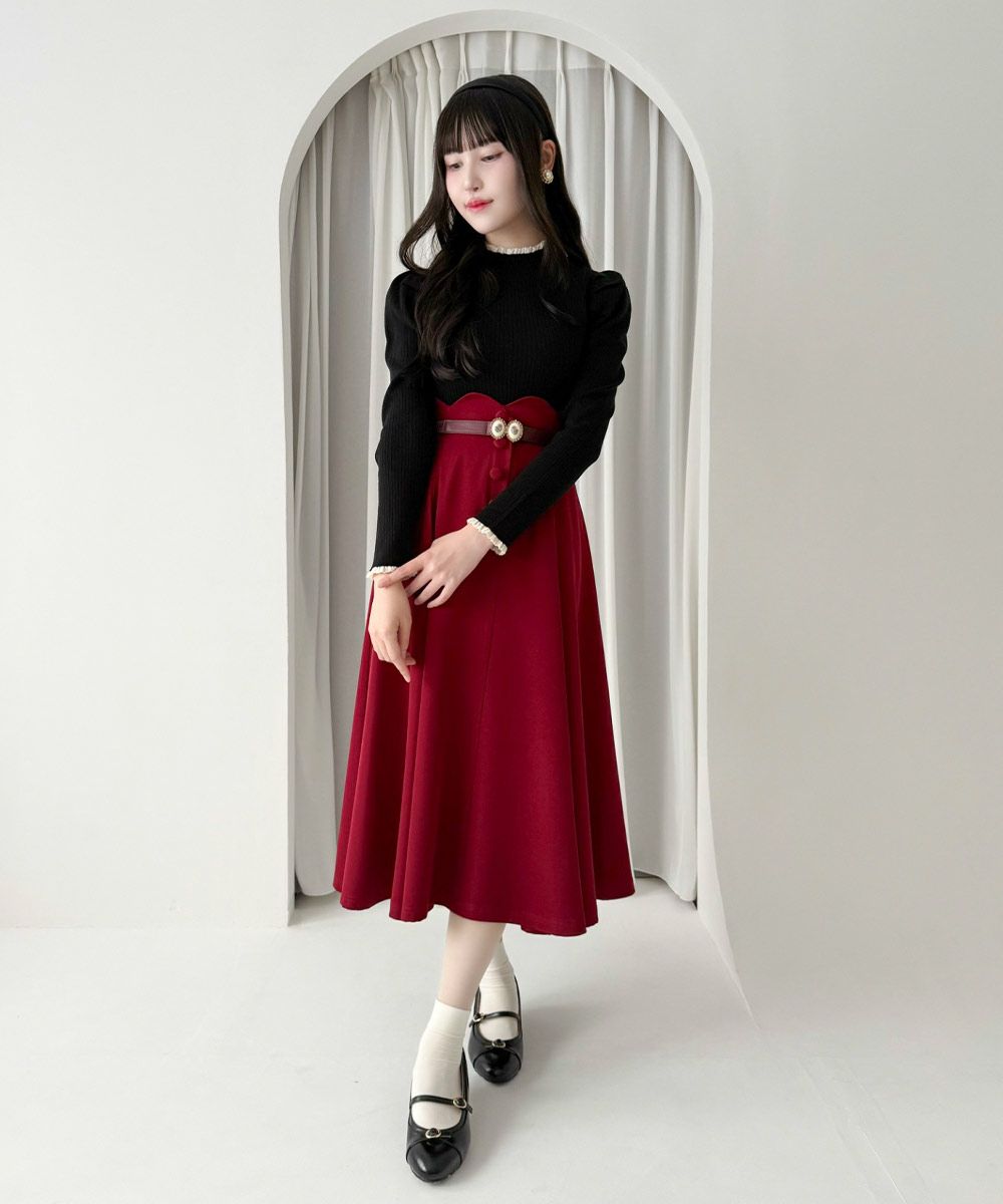 新品ハイウエストスカラップフレアースカート　ブラック1サイズ natural couture スカート 「WEB限定」ビット付きスカラップフレア