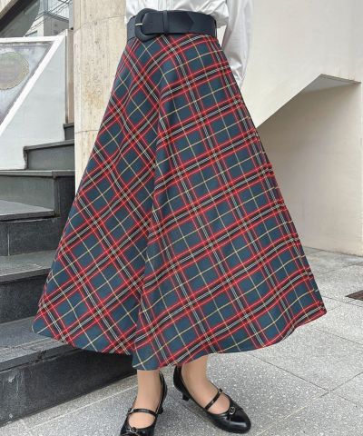 Checkered flared skirt with wide belt / an another angelus [55BG03p008]