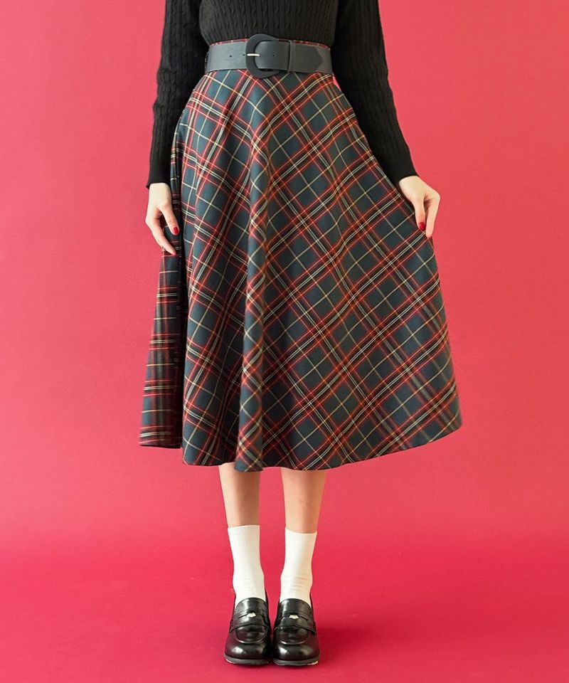 太ベルト付きチェックフレアースカート/an another angelus