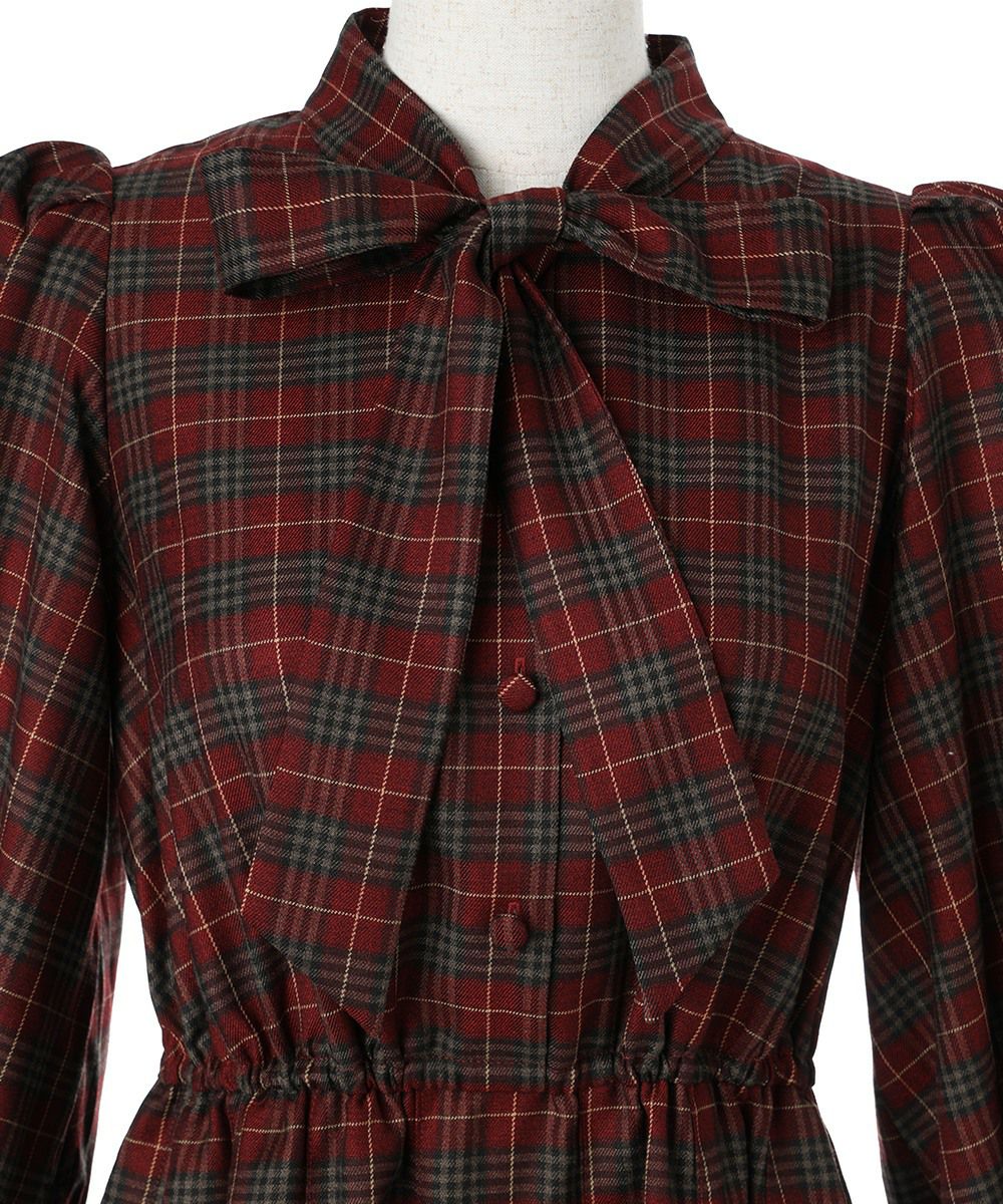 Kanosu nozomi ishiguro チェック 長袖 ウエストリボ ボリュームスリーブボウタイチェックワンピース/F i.n.t [55AE02j012