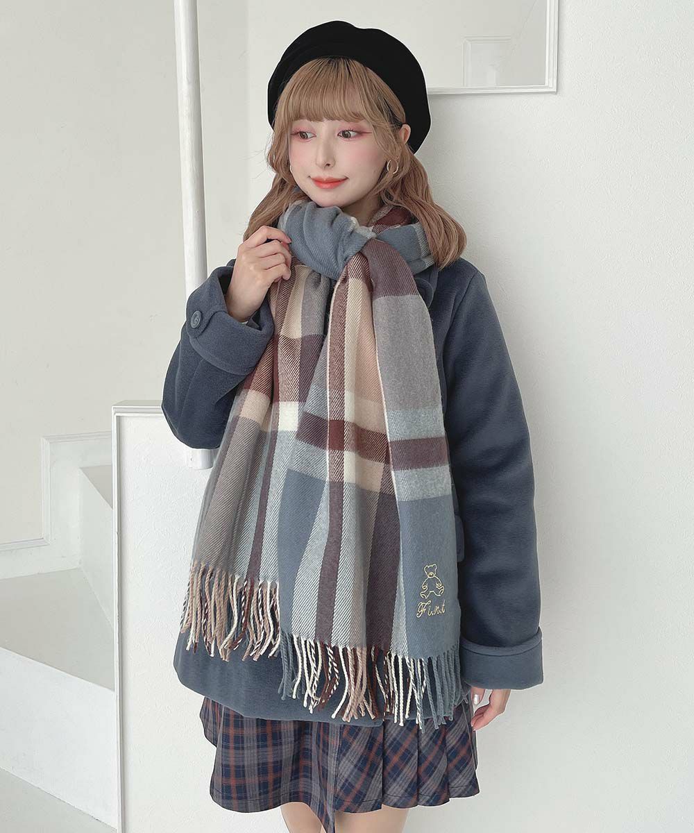 テディベア刺繍入りチェックストール/F i.n.t [55AB09a006] | F i.n.t