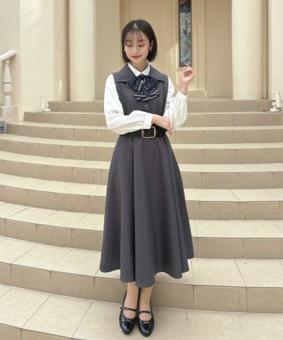 Wool-like open-collar gilet dress with belt / an another angelus [55BE02f009]