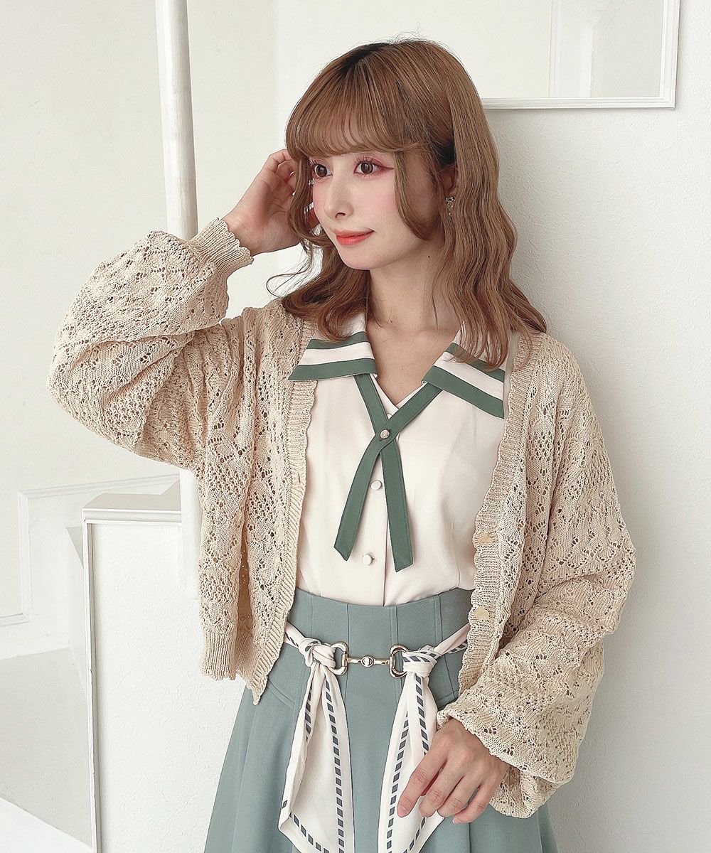 メル97586① □【ご予約】クロスタイ付きバイカラーブラウス/an another angelus