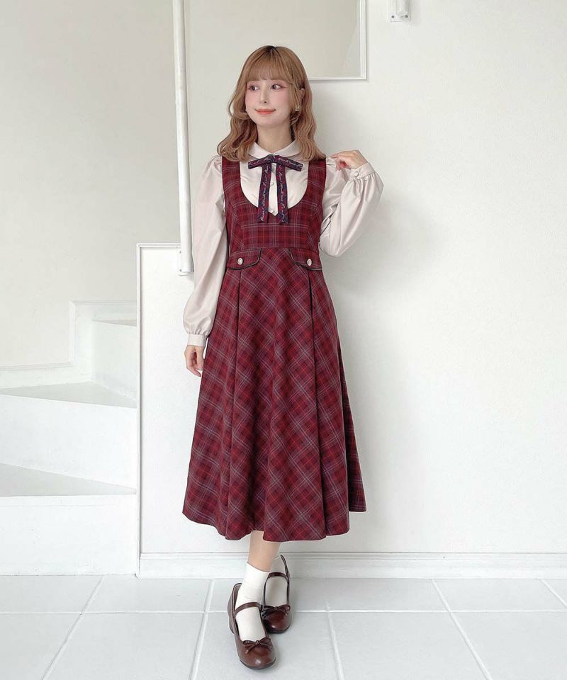 美品fig Londonフィグロンドン☆ターターチェックジャンパースカートF赤系 ディープVネックチェックジャンパースカート/F i.n.t [56AE04f019] | F