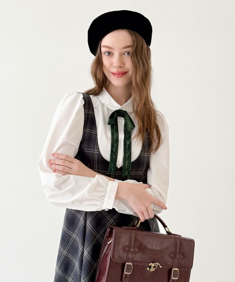 垂れ♡リボンNo.1☆コーデュロイ☆ブラウン☆チャーム付き チェックロゴリボンタイ付きブラウス/F i.n.t [56AF02j009] | F i.n.t