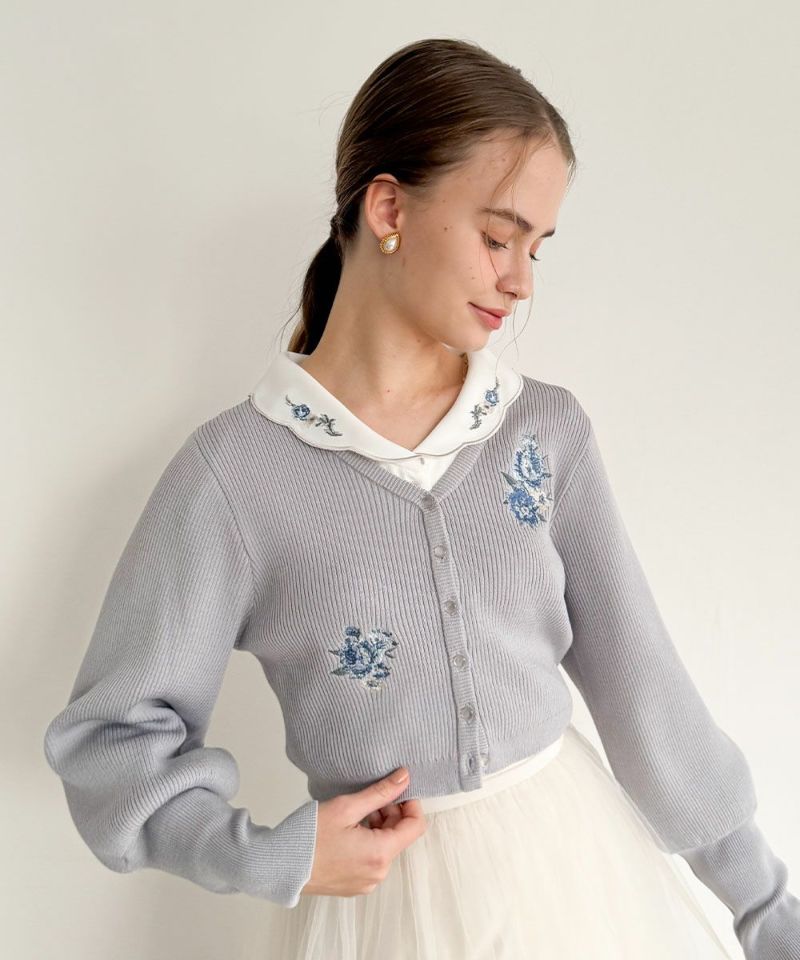 アシメローズ刺繍リブニットカーディガン/an another angelus