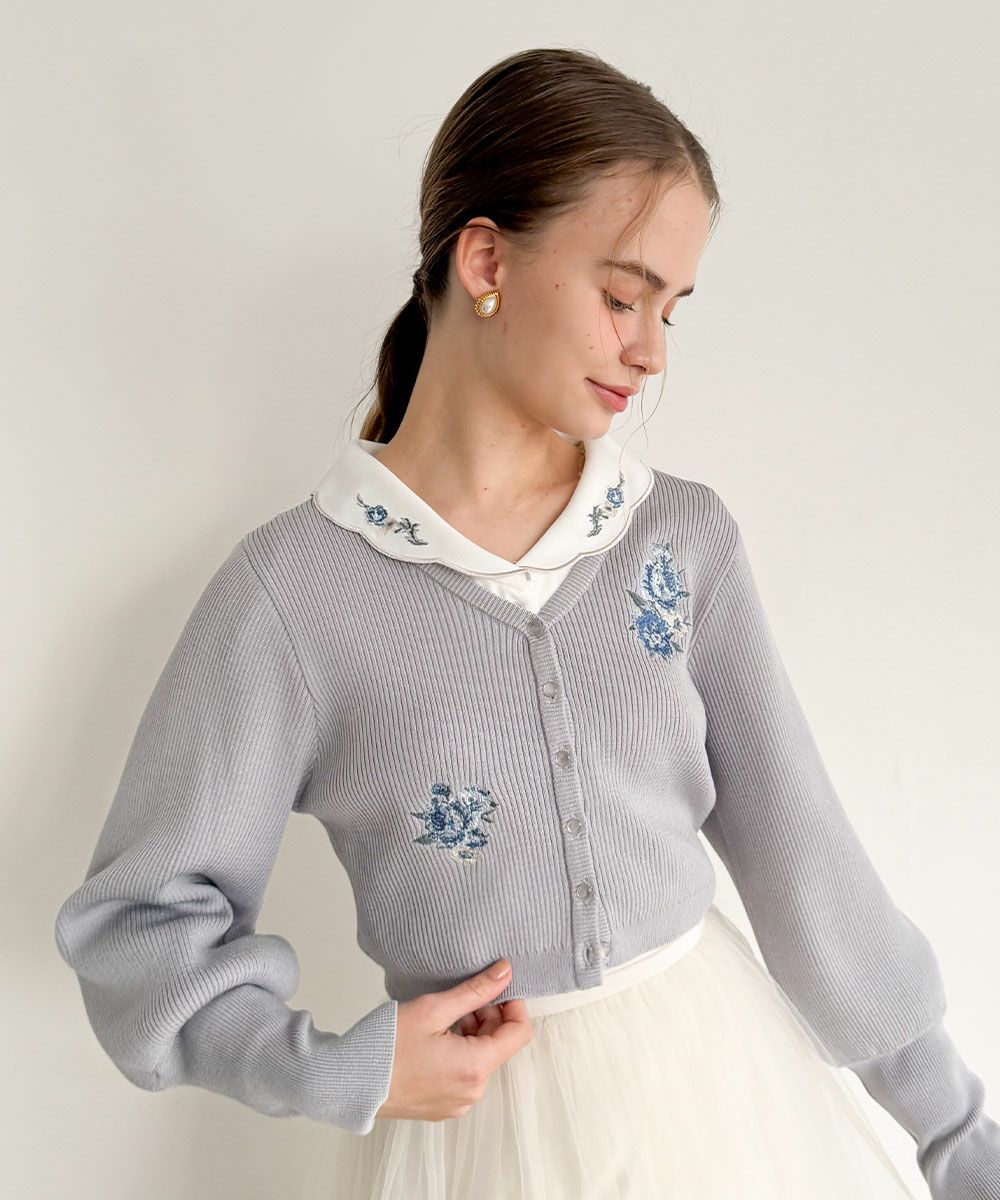 ご予約】アシメローズ刺繍リブニットカーディガン/an another angelus