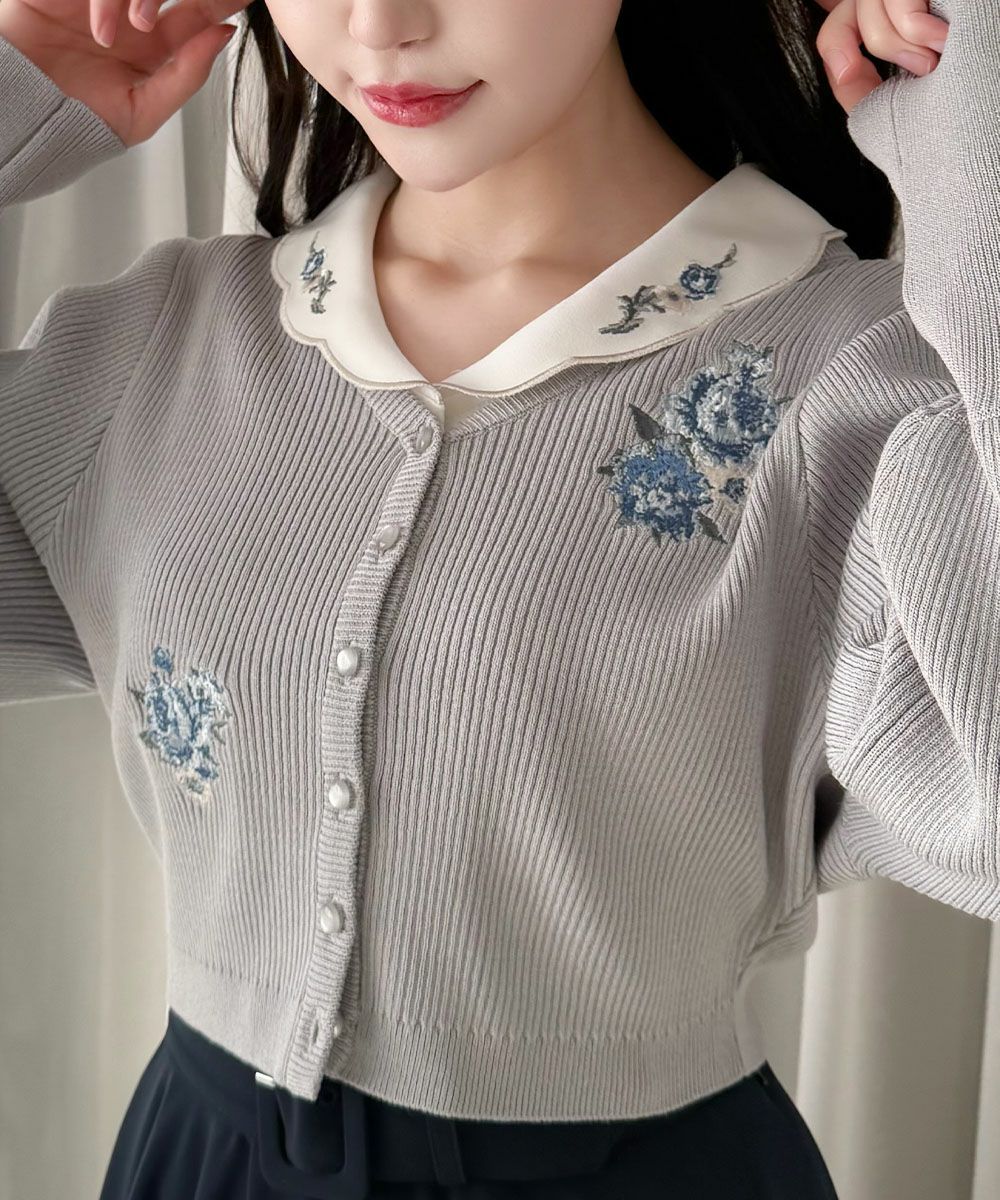 ご予約】アシメローズ刺繍リブニットカーディガン/an another angelus