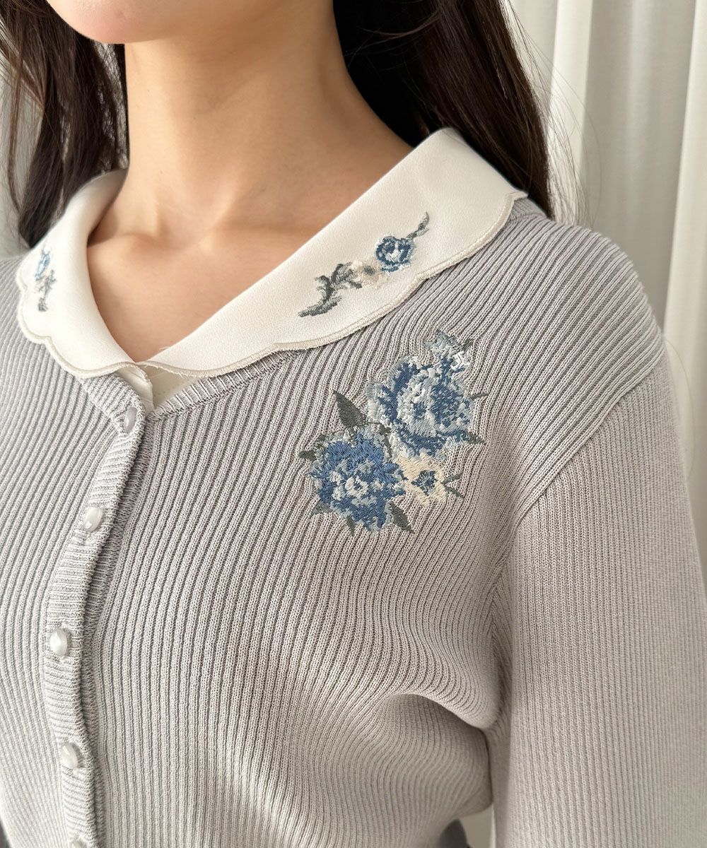 アシメローズ刺繍リブニットカーディガン/an another angelus