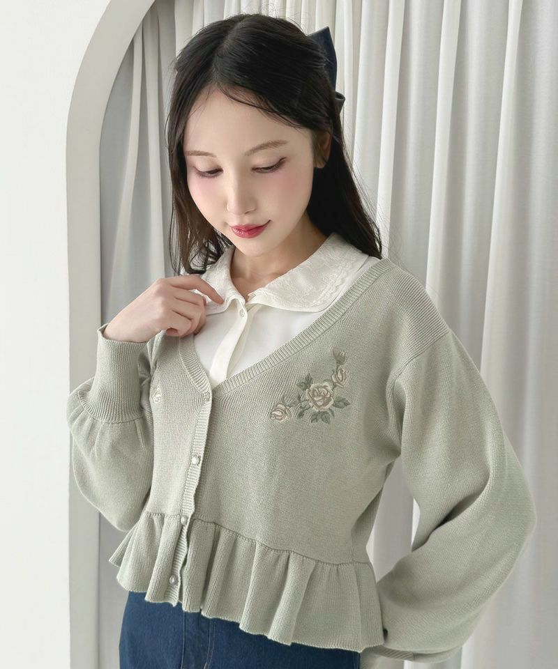 ローズ刺繍ペプラムニットカーディガン/an another angelus